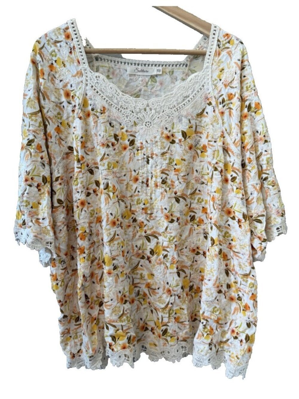 Solitaire Women's 1X Yellow Lace Floral Embroidered Blouse Bohemian Cottagecore